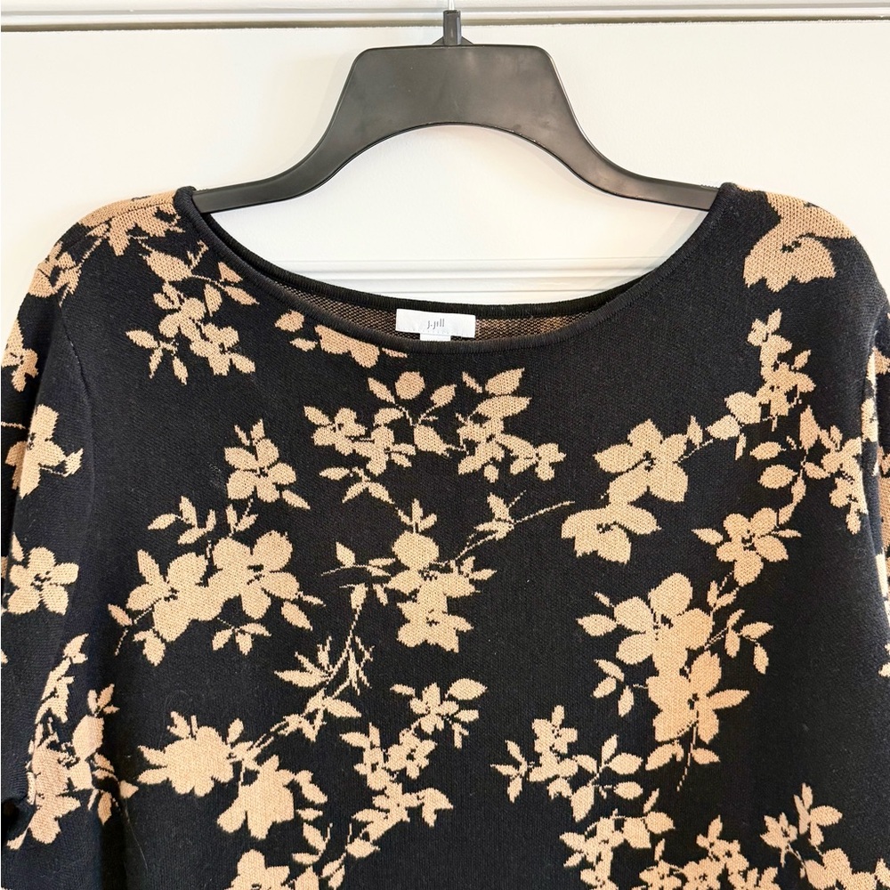 J. Jill Floral Jacquard Sweater Dress Women’s L Petite Black Tan Knit Fall - Picture 3 of 8